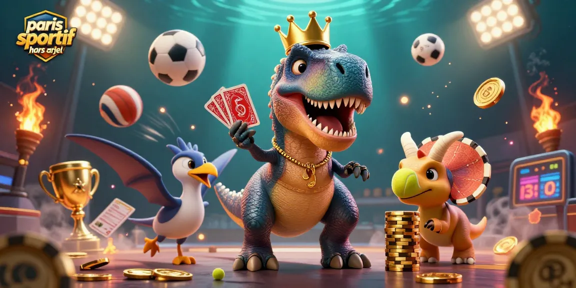 Paris sportif hors arjel : T-Rex mignon jonglant avec des cartes tout en empilant des jetons d'or.