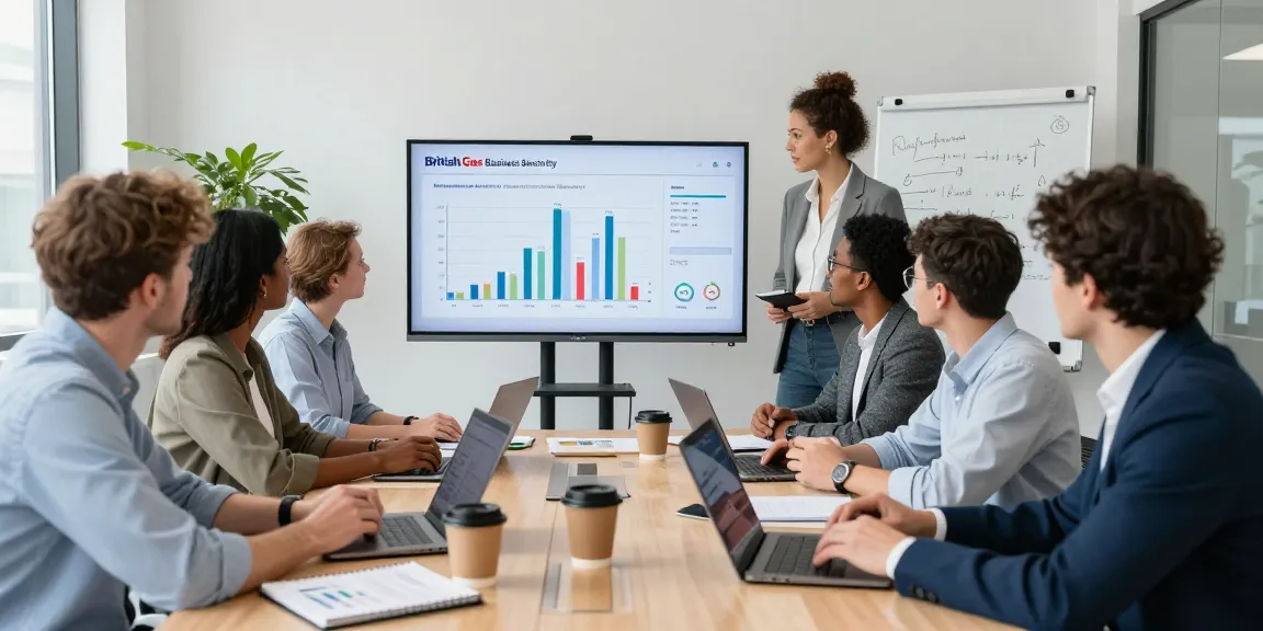 Diverse team collaborating in a modern office discussing British Gas Business Electricity energy solutions with digital analytics.