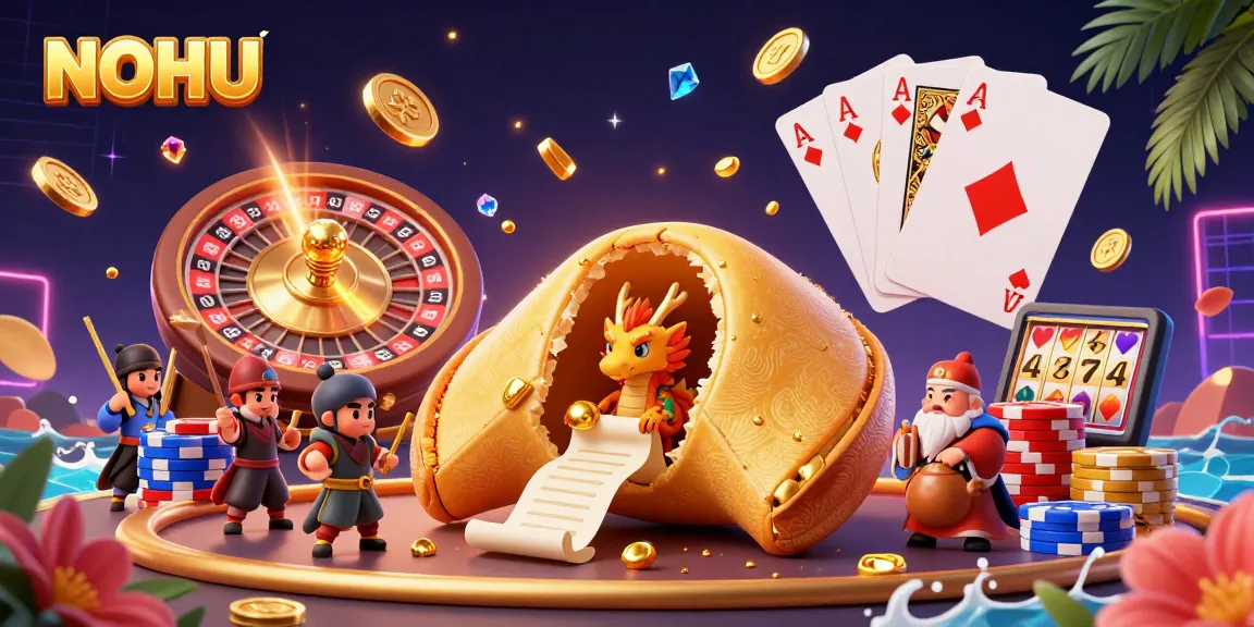 Experience NOHU's vibrant gambling environment with an ultra-detailed illustration featuring a golden fortune cookie and dynamic casino elements.