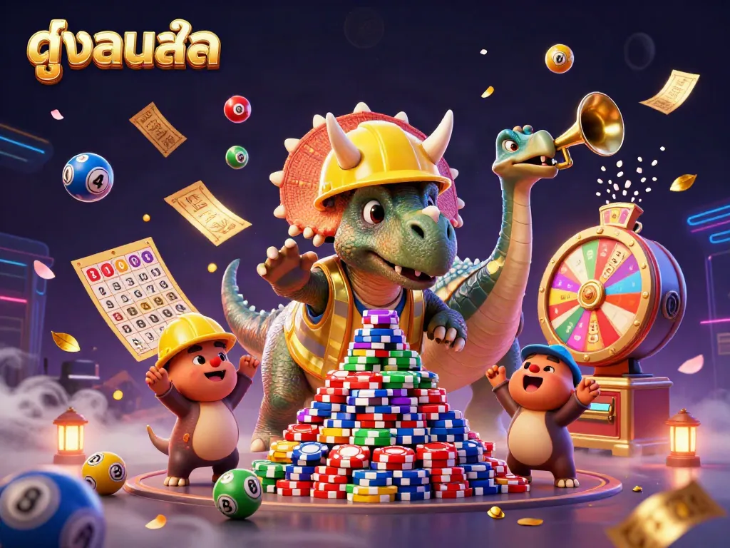 Exciting scene of a dinosaur celebrating while building poker chip pyramid, showcasing dynamic gambling elements, showcasing ดูบอลสด
