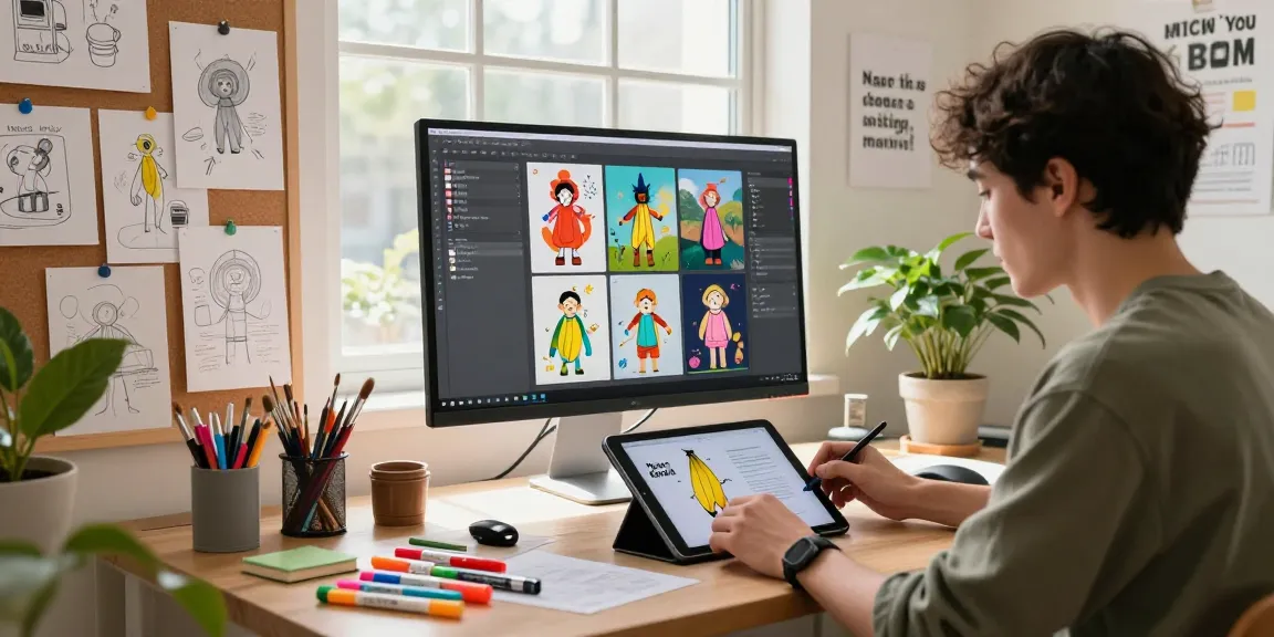 Artist using Nano Banana 2 digital interface in vibrant studio.