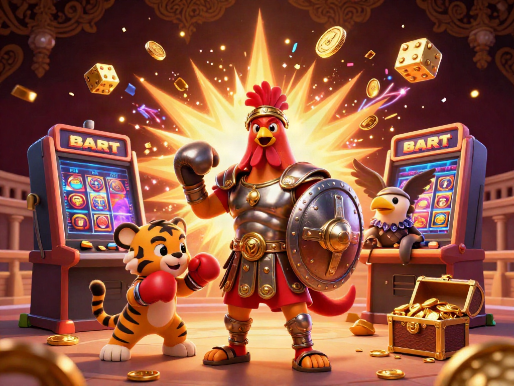 Engage with Situs slot gacor through an exciting scene of a gladiator rooster and casino elements bursting with rewards.