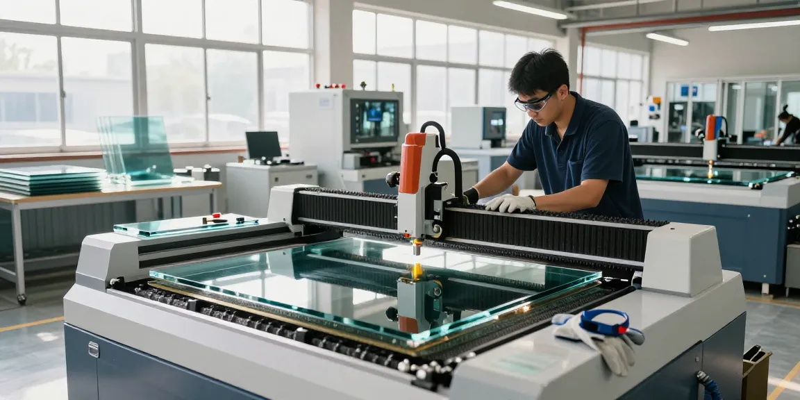 CNC glass cutting machine in an advanced glass processing facility, showcasing precision cutting and innovative technology.