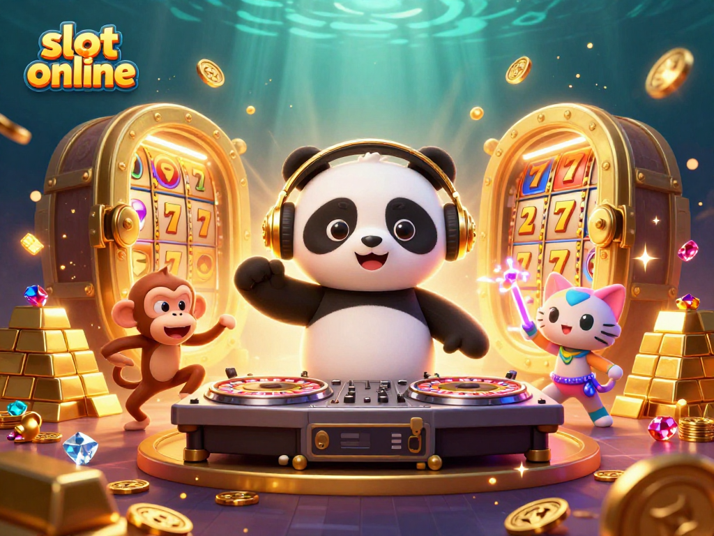 Engage with exciting slot online adventures featuring a DJ panda, breakdancing monkey, and glowing kitten amidst a vibrant casino atmosphere.