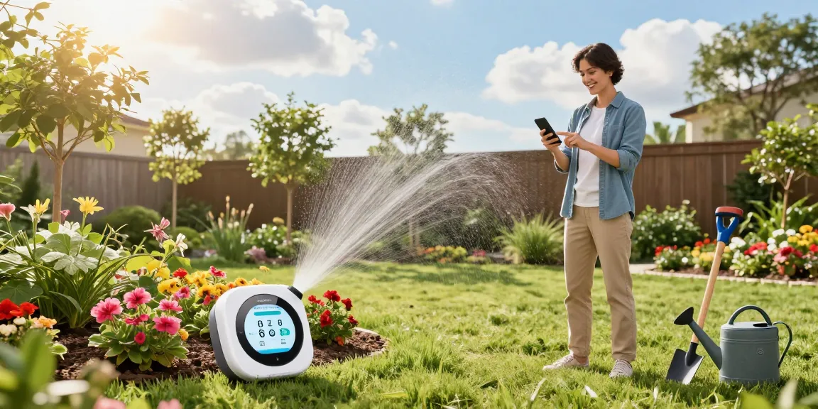 Homeowner using the rainpoint sprinkler timer in a vibrant garden, showcasing water-saving technology.