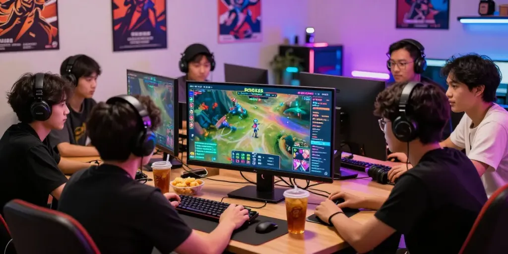 Players enjoying rokok88 daftar community gaming experience with vibrant interface and snacks.