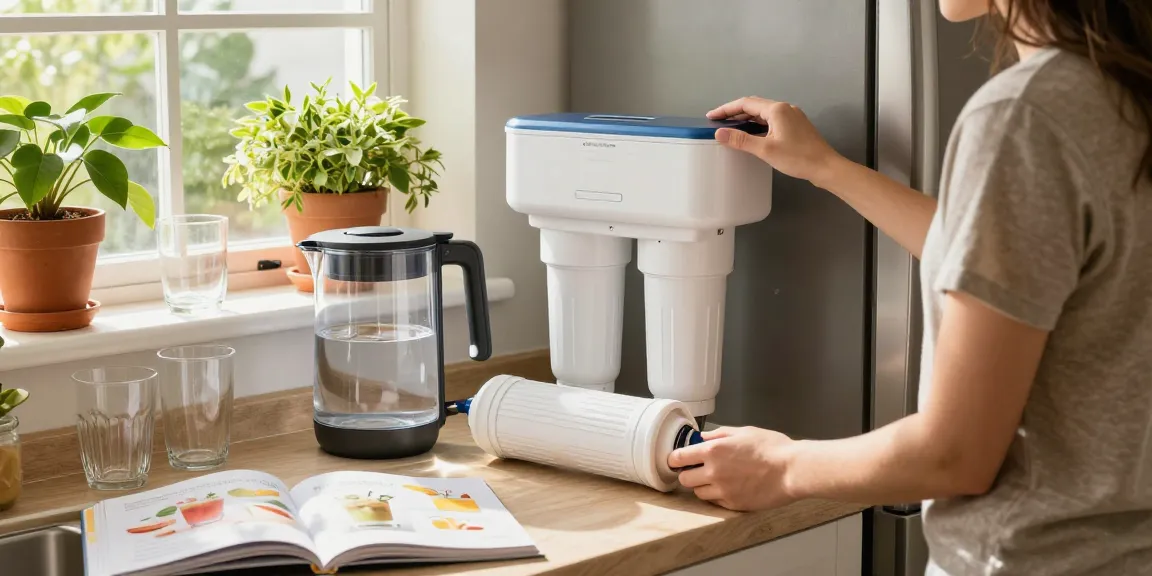 AQUA CREST XWF Refrigerator Water Filter being inspected in a cozy kitchen, emphasizing a health-conscious lifestyle.