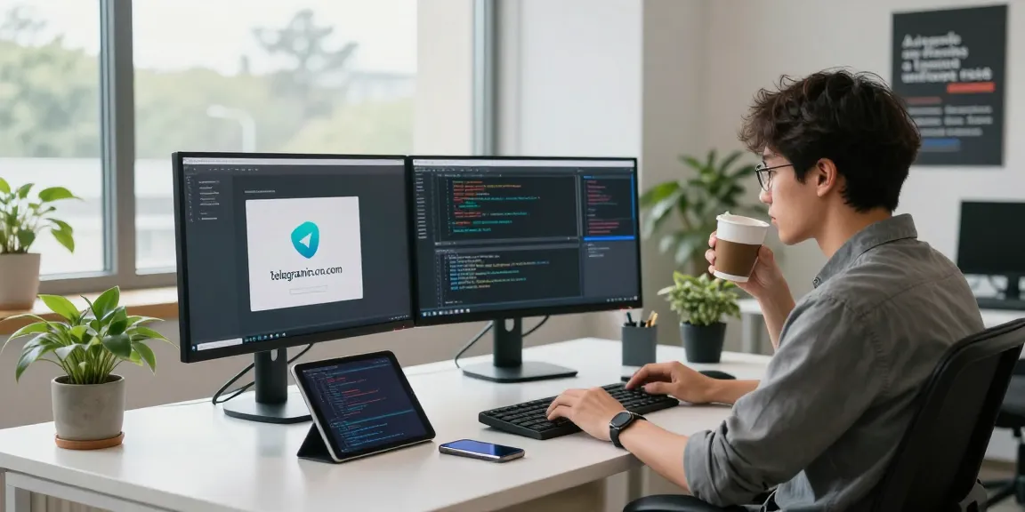 Young professional coding on telegramin-cn.com in a modern workspace.