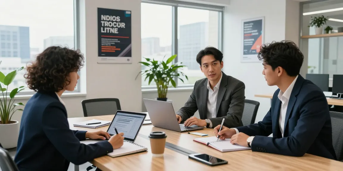Dynamic business professionals in a modern office, focusing on teamwork and collaboration—read more on our blog.
