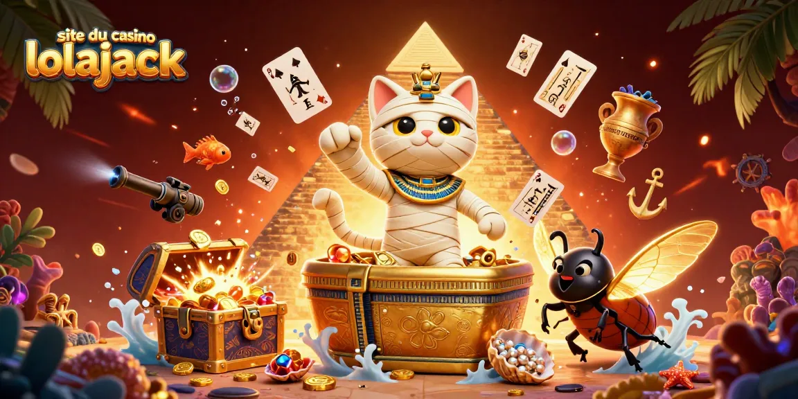 Profitez des jeux sur le site du casino lolajack avec un chat momifié et un scarabée dans un paysage casino flamboyant.