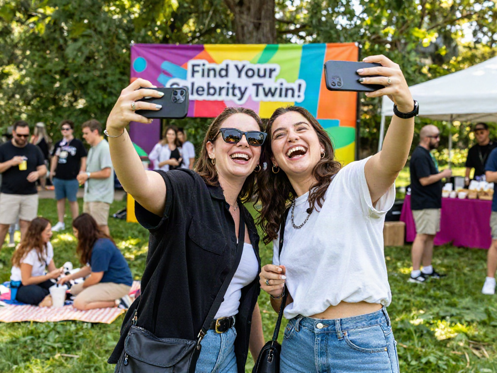 Two friends at a park event comparing faces to look like celebrities with a fun app.