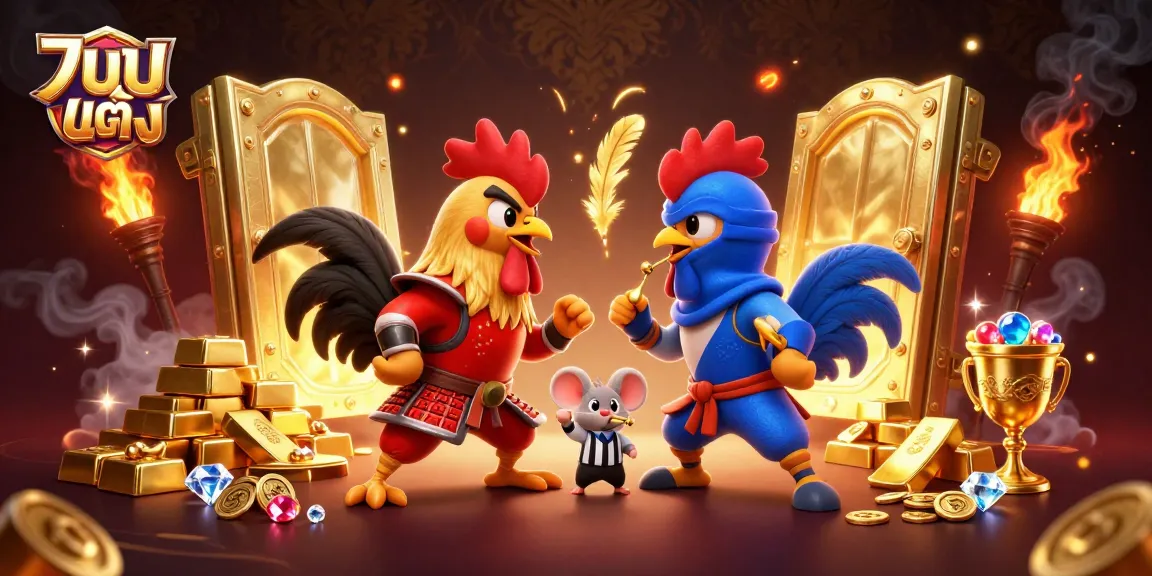 Engage in thrilling แทงบอลเต็ง action with fighting roosters and treasure in a dynamic casino scene.