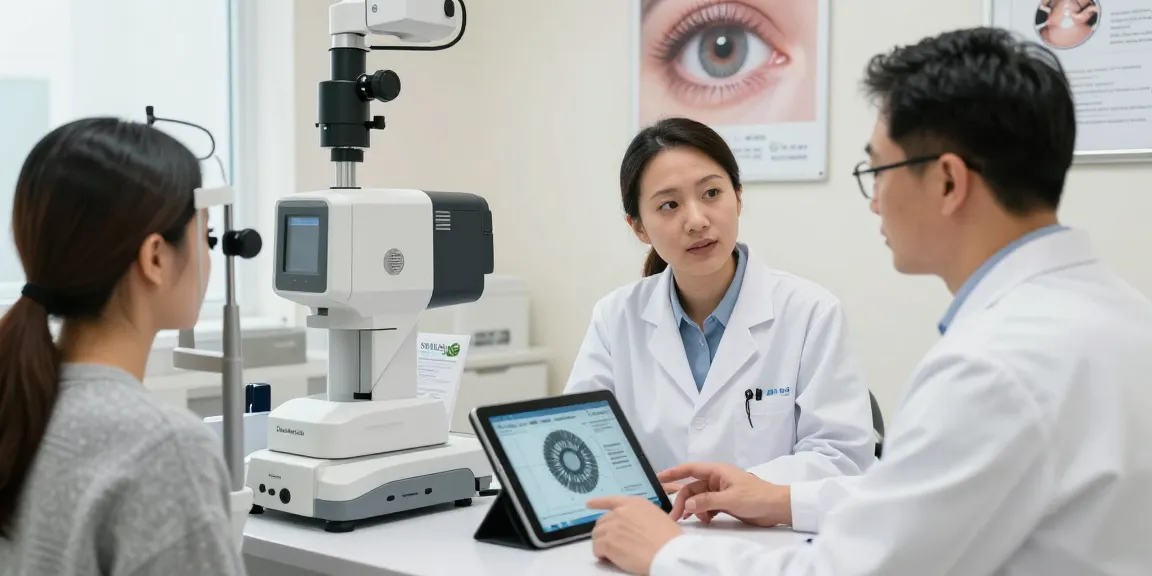 Patient discussing SMILE eye surgery options with an optometrist in a modern clinic