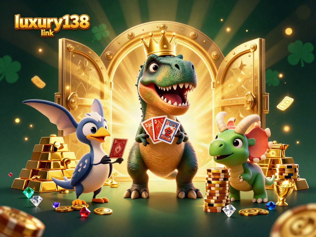 Permainan slot seru dengan luxury138 link, dinosaurus lucu mengocok kartu sambil mengumpulkan chip emas.