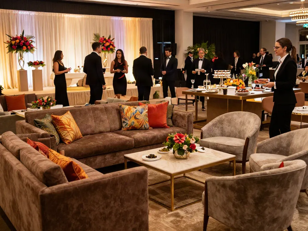 Luxurious event furniture rental displayed in a sophisticated venue, featuring elegant lounge sofas and stylish chairs, creating an inviting atmosphere.