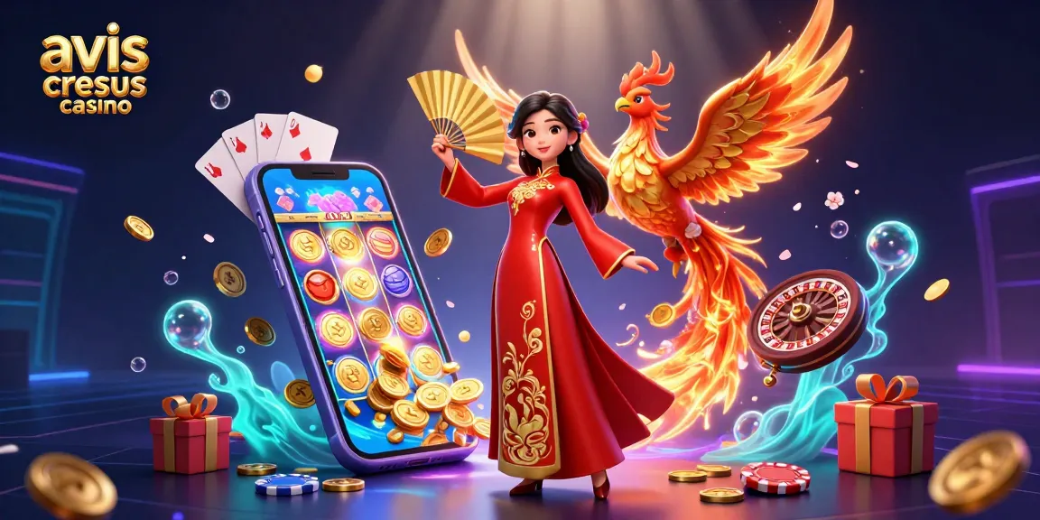 Entrez dans la scène enchanteresse de l'avis cresus casino, mettant en vedette une femme en tenue traditionnelle au milieu d'éléments dynamiques de casino.