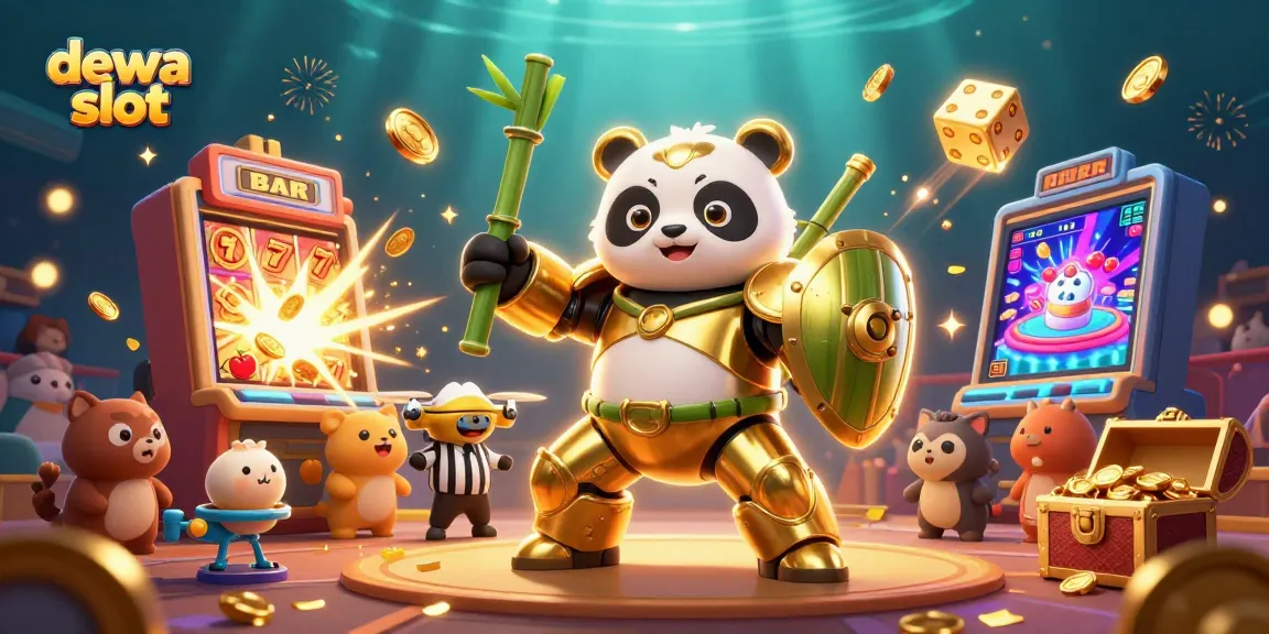 Dewa slot menampilkan panda emas robotik beraksi di arena dengan mesin slot dan simbol berkilau