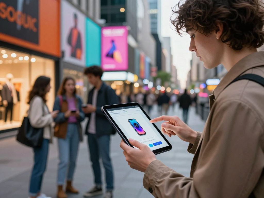 AI sluts - person exploring AI fashion apps on tablet in vibrant urban setting.