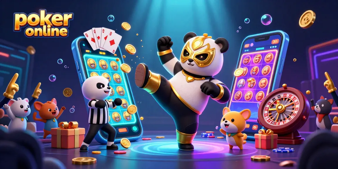 Vivez l'excitation du poker en ligne avec un panda lutteur effectuant un coup spectaculaire entouré de jetons et de jeux.