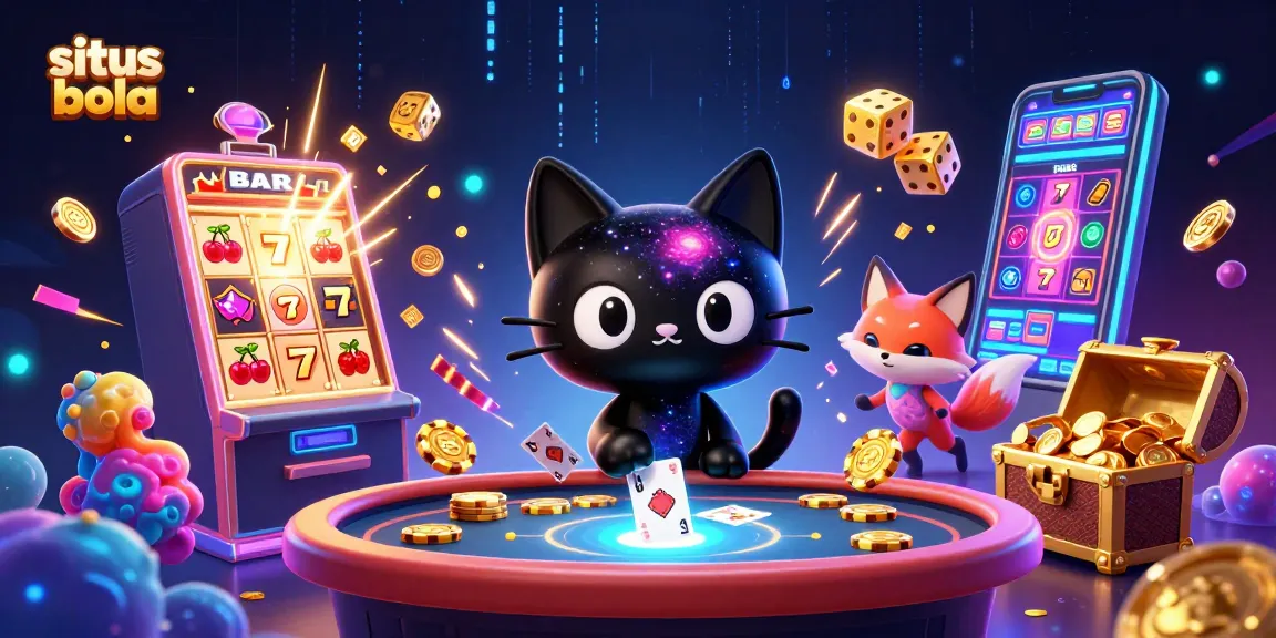 Win exciting rewards at situs bola with a cosmic cat and nebula fox over a vibrant casino table.