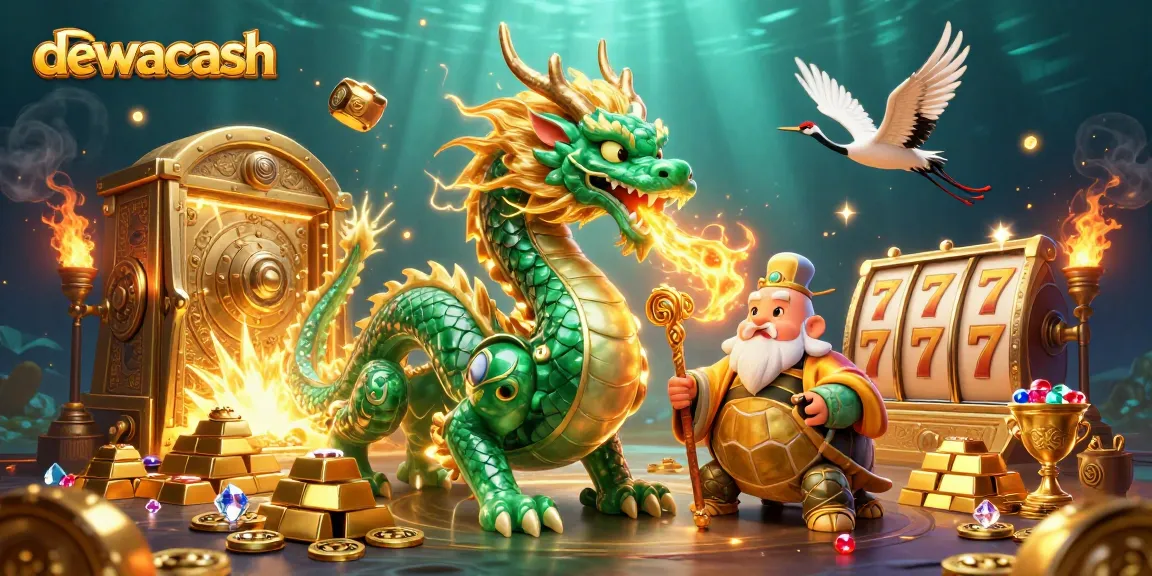 Dewacash showcases a vibrant 3D illustration with a dragon, turtles, and lucky cranes amidst a treasure-filled casino scene.