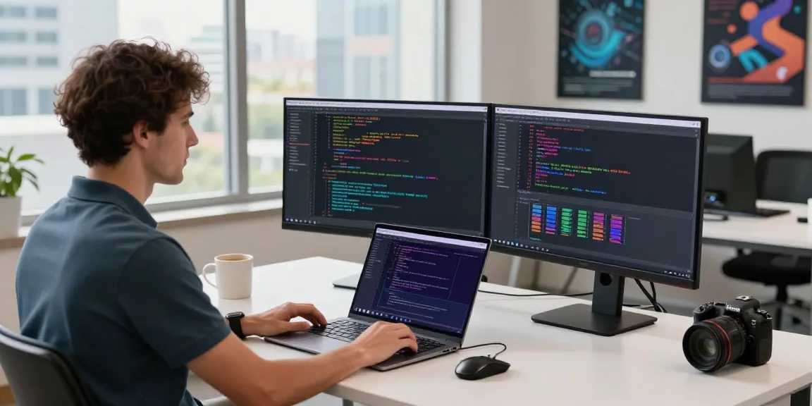 快连 software developer coding in a modern workspace, showcasing a high-tech environment.