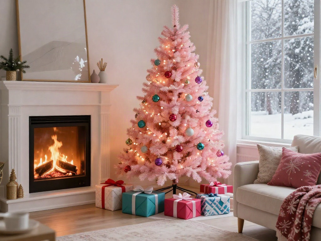 Charming small pink Christmas tree with lights in a cozy holiday living room.