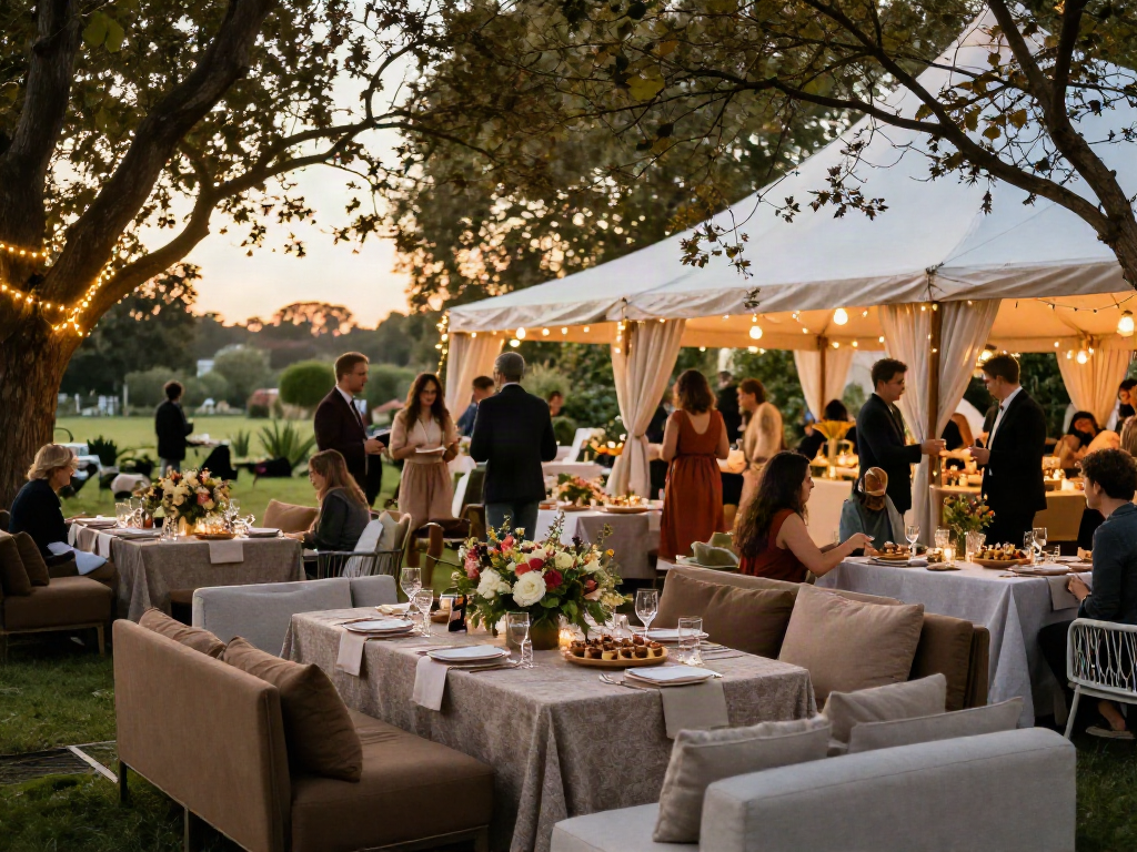 Event furniture rental showcased at a stunning outdoor event with elegant seating and decor.
