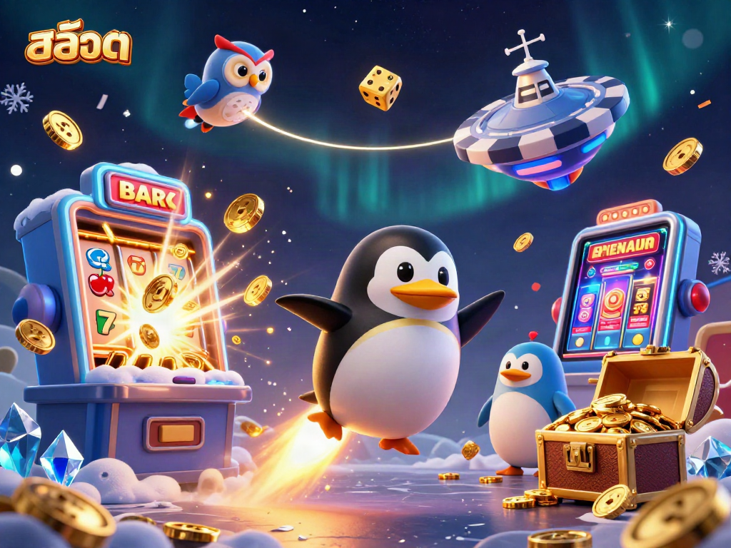 Experience the thrill of สล็อต with a dynamic casino scene featuring a golden penguin in space.