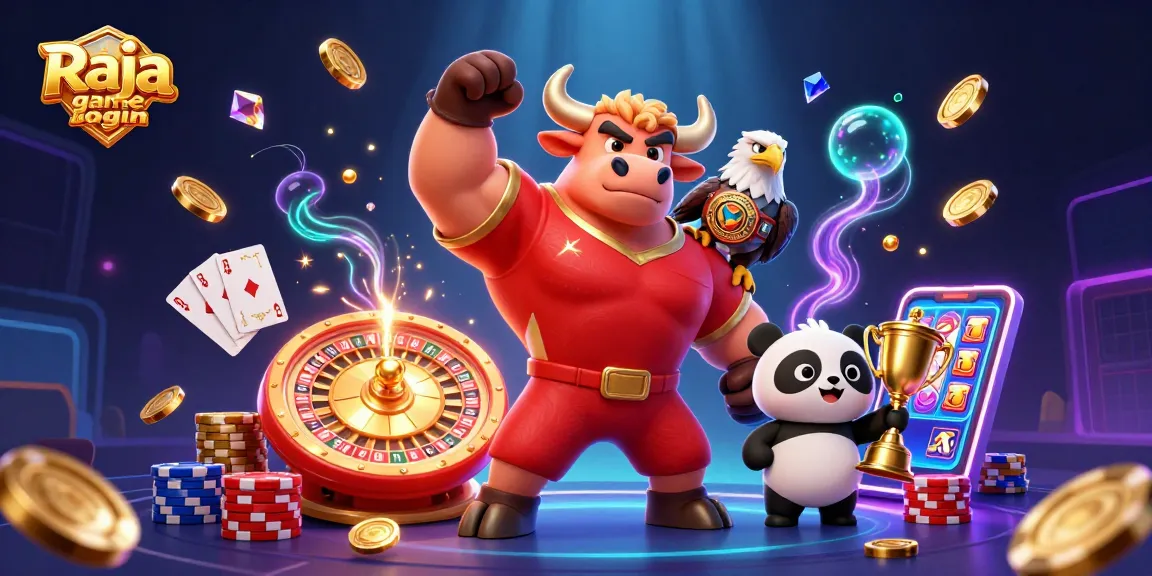 Engage with the Raja game login experience as a muscular bull mascot and friends celebrate wins amidst casino excitement.