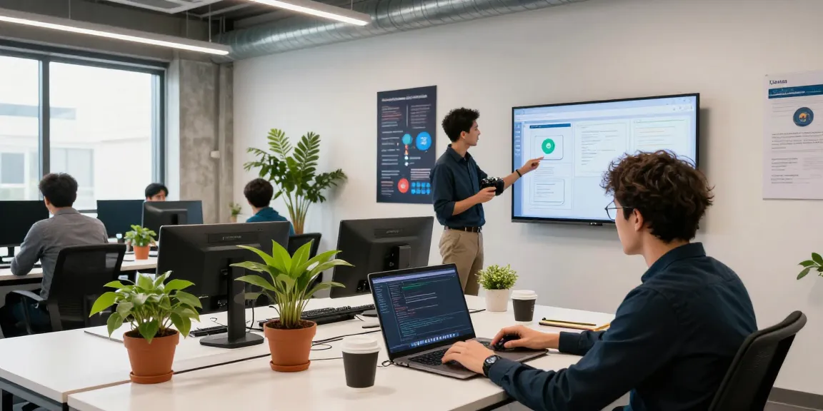 Dynamic software development scene at teiegramin.com co-working space, showcasing collaboration and innovation.
