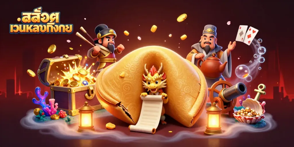Engage with สล็อตเว็บตรงทั้งหมด through a dynamic 3D cartoon scene featuring a golden fortune cookie, dragon, and action-packed casino elements.