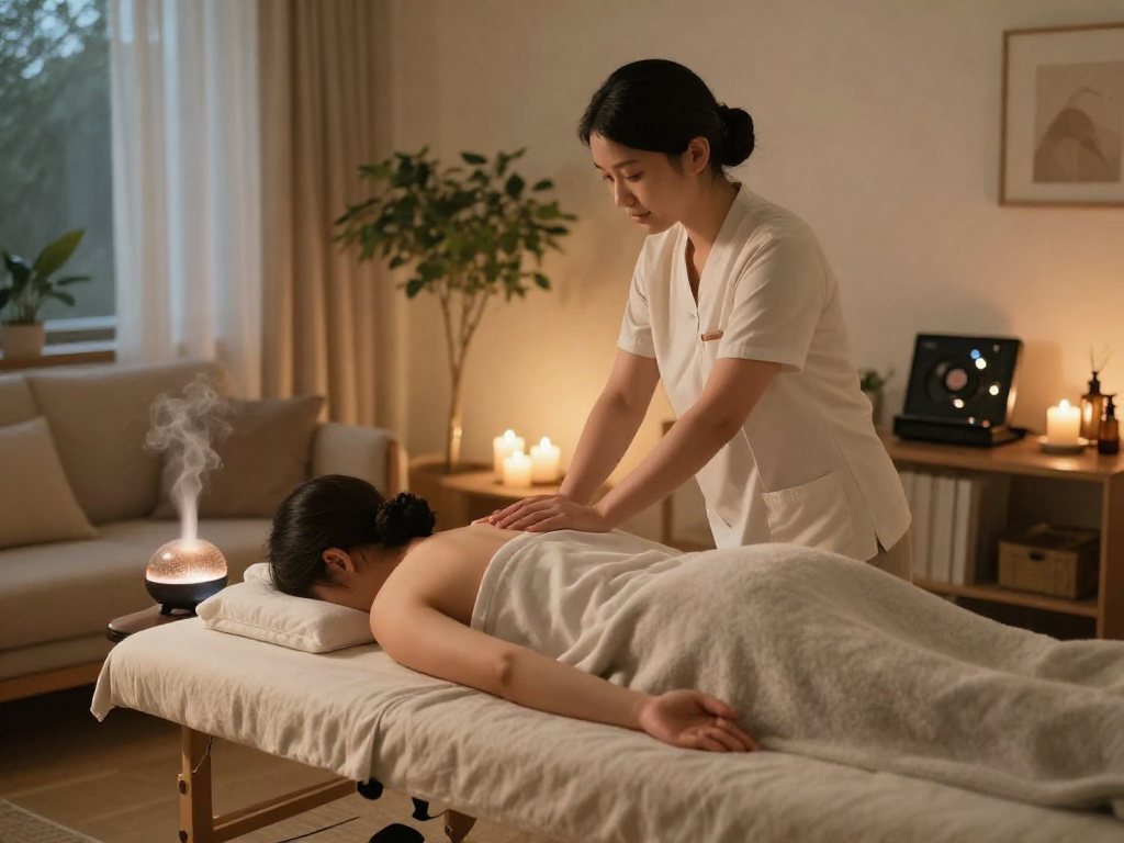 Relaxing 서울출장마사지 session in a calm home environment with therapist and soothing elements.