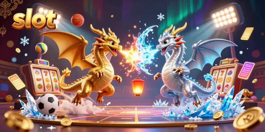 Experience thrilling slot action with a golden and silver dragon battle for fortune