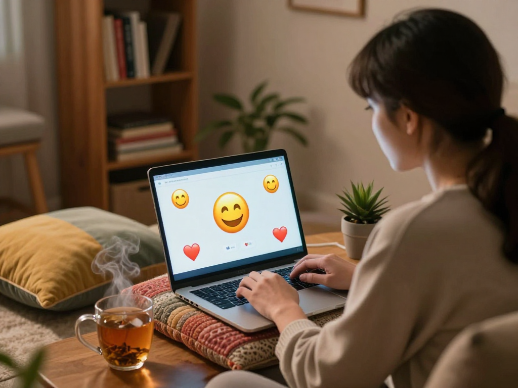 Cozy scene of a person engaging in free AI sex chat on a laptop, surrounded by inviting décor and warm lighting.