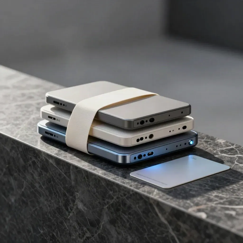 Matte loyalty software modules tied with ivory band on marble, with tier block and shield puck.
