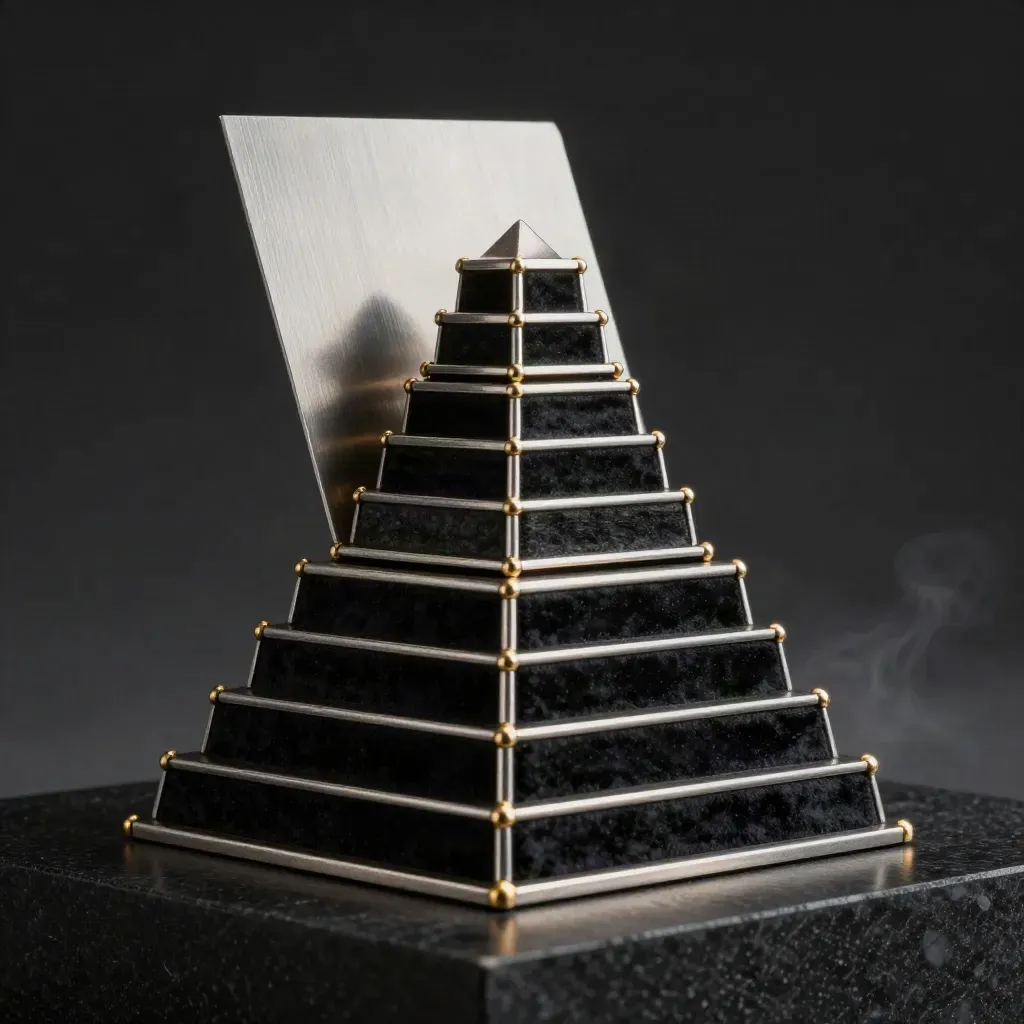 Silver tiered loyalty tower on a dark plinth with gold edges and haze.