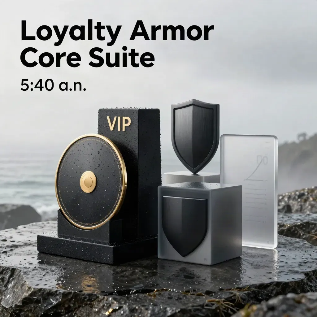 Obsidian SaaS hero objects on rain-dark limestone with gold accent and mist