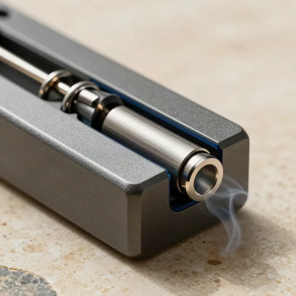 Graphite referral guard block with silver rings and invite cylinders on travertine, smoke, navy accent.