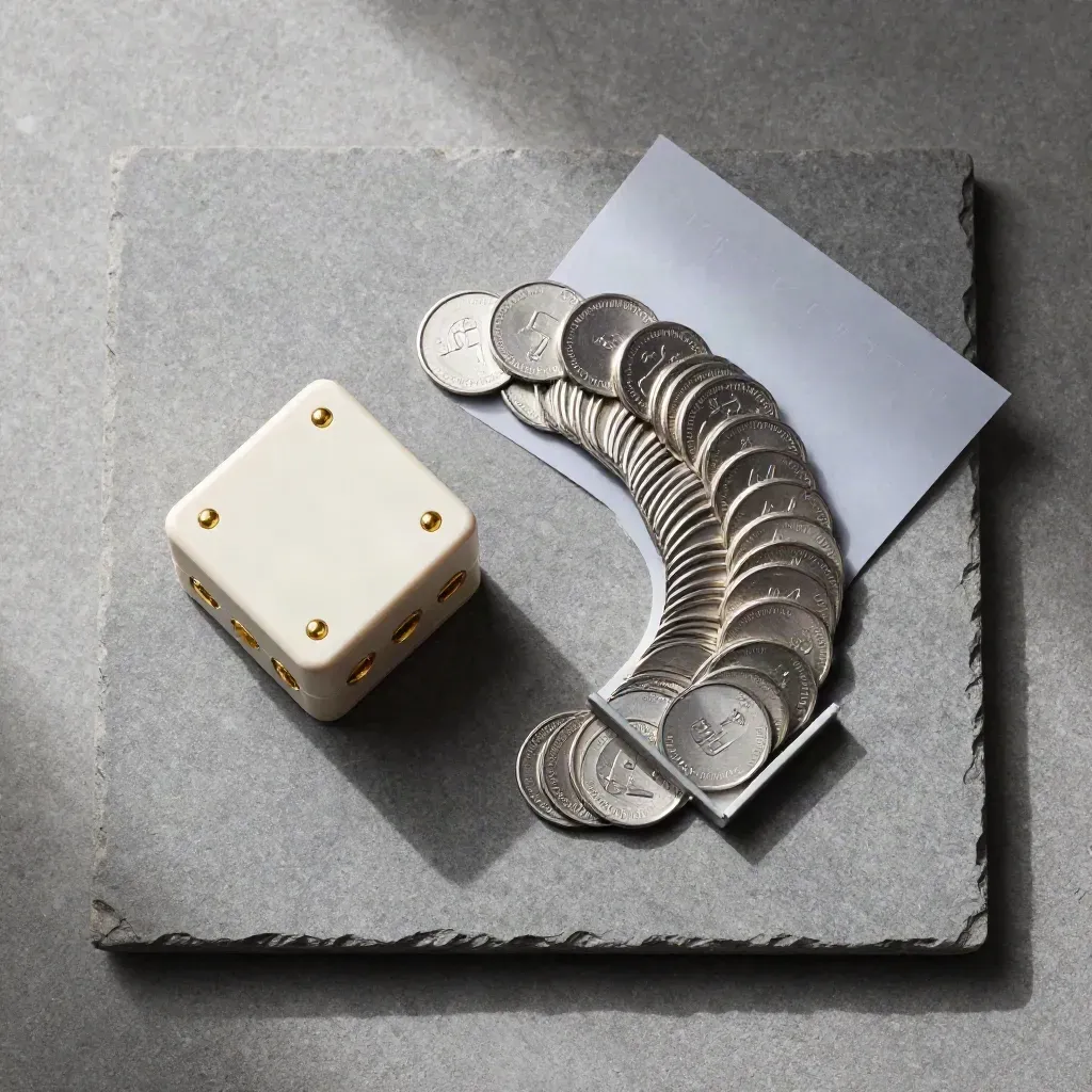 Ivory loyalty software cube with gold pips and silver tokens arranged in an arc