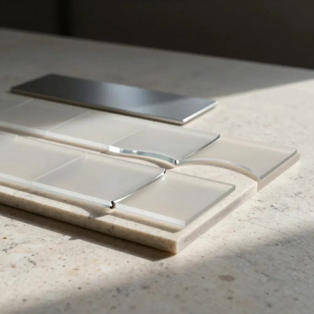 Frosted acrylic segmentation tiles and curved separators on stone in a premium flatlay.