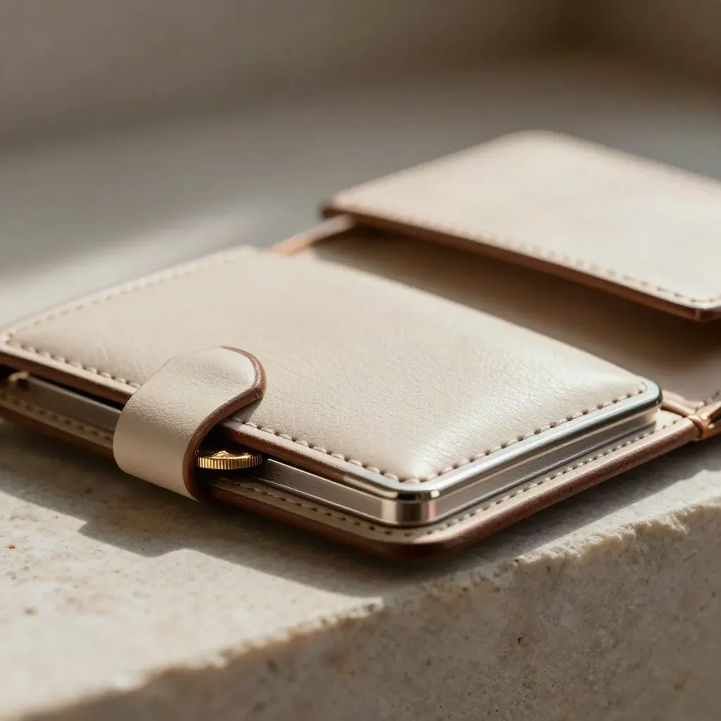 Cream leather wallet macro with brushed metal spine and gold coin tab, softly lit.