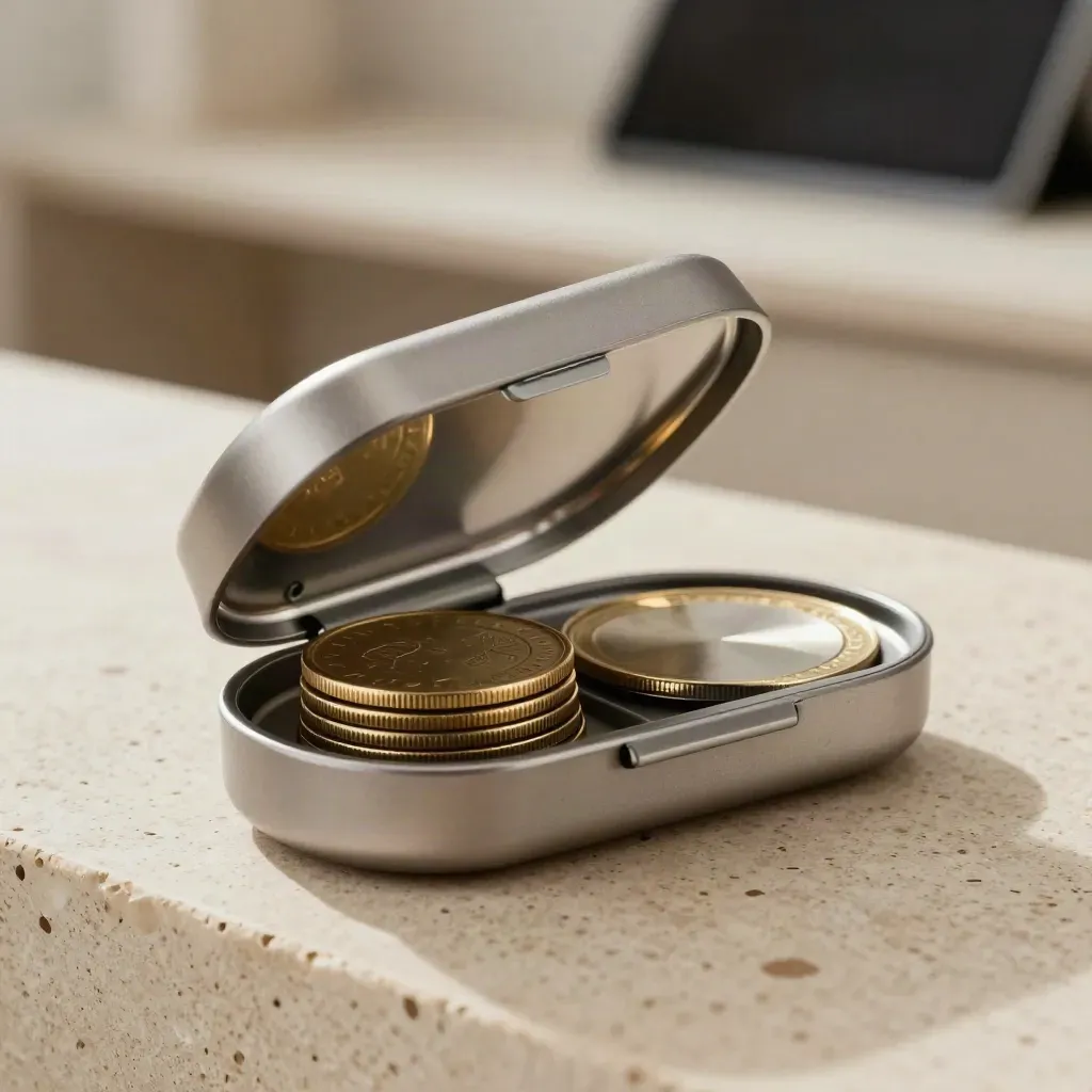 Open silver loyalty capsule with gold point discs on travertine, premium product hero shot.