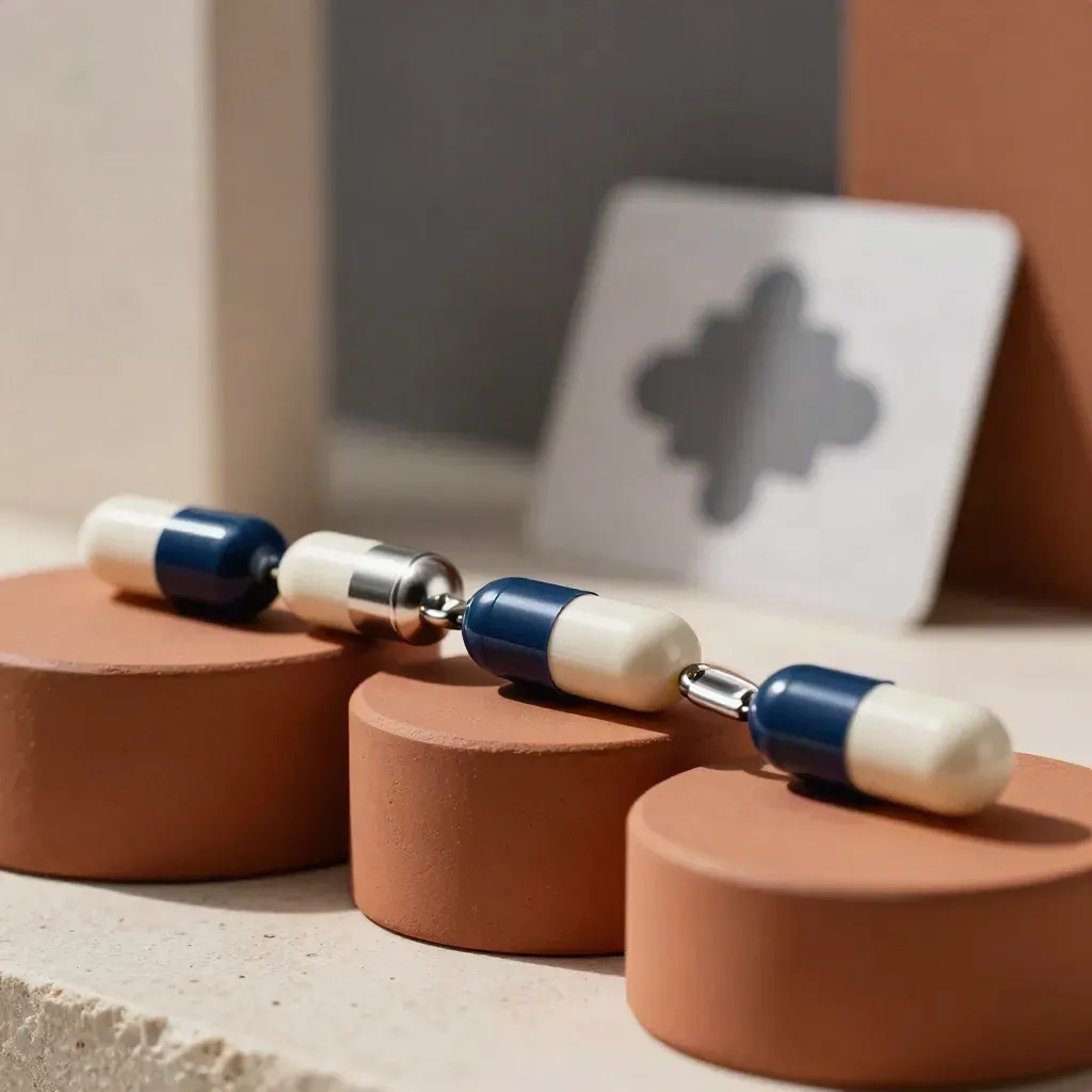 Terracotta plinths bridge small navy capsule modules with silver links in soft fog and side light.