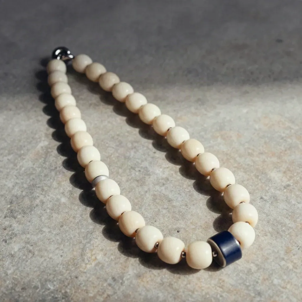Overhead flatlay of ivory loyalty tokens linked by a navy rail on brushed stone.
