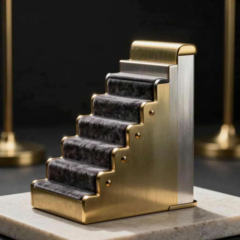 Macro side view of a brass-and-silver three-tier VIP perk sculpture with velvet-dark steps.