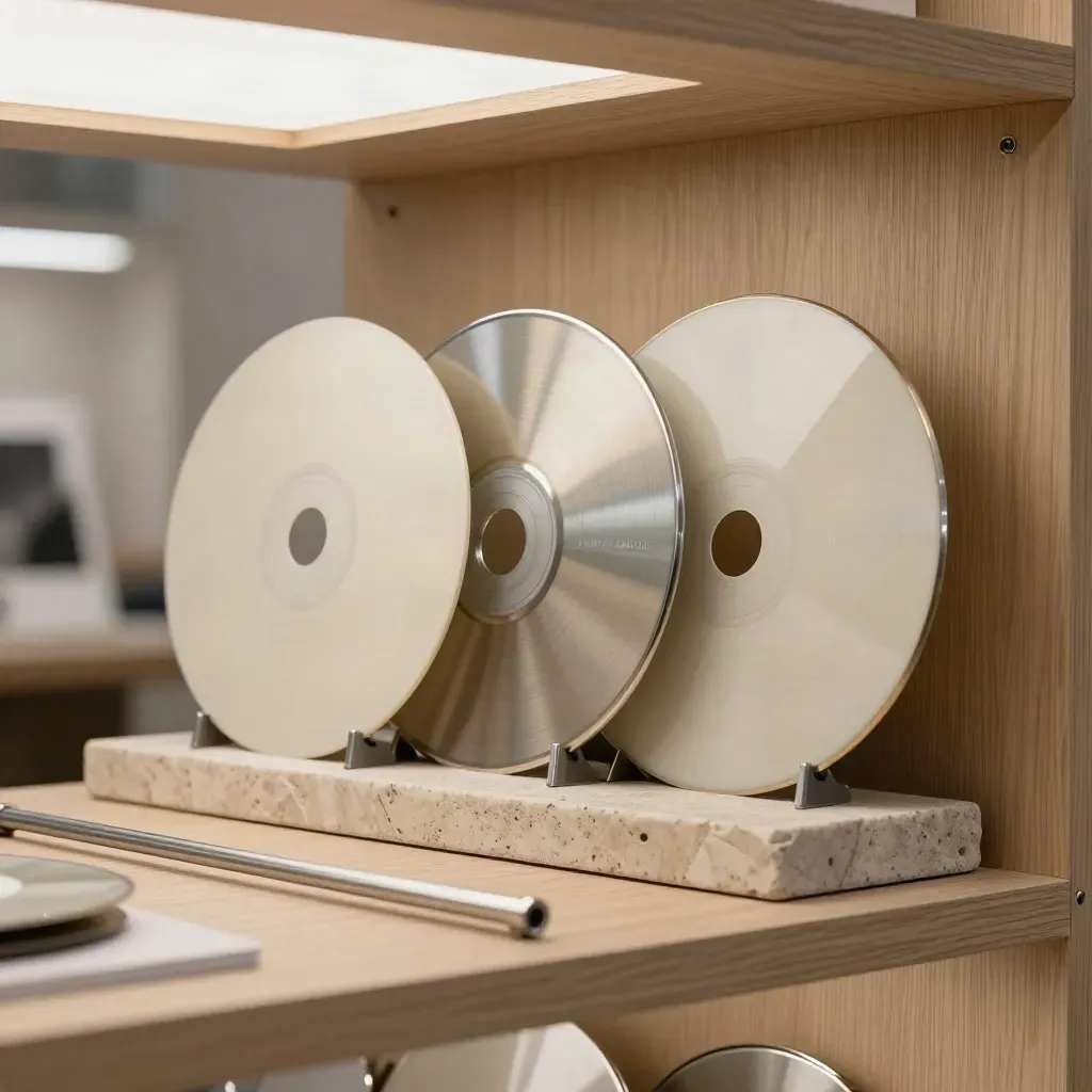 Brushed-silver loyalty segmentation discs and rails in a pale oak showroom nook.