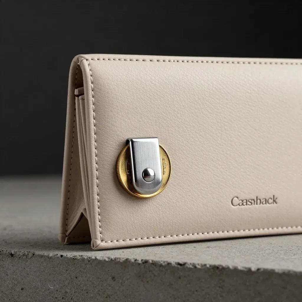 Macro of a cream reward wallet module with silver pull tab and a gold coin halfway out.
