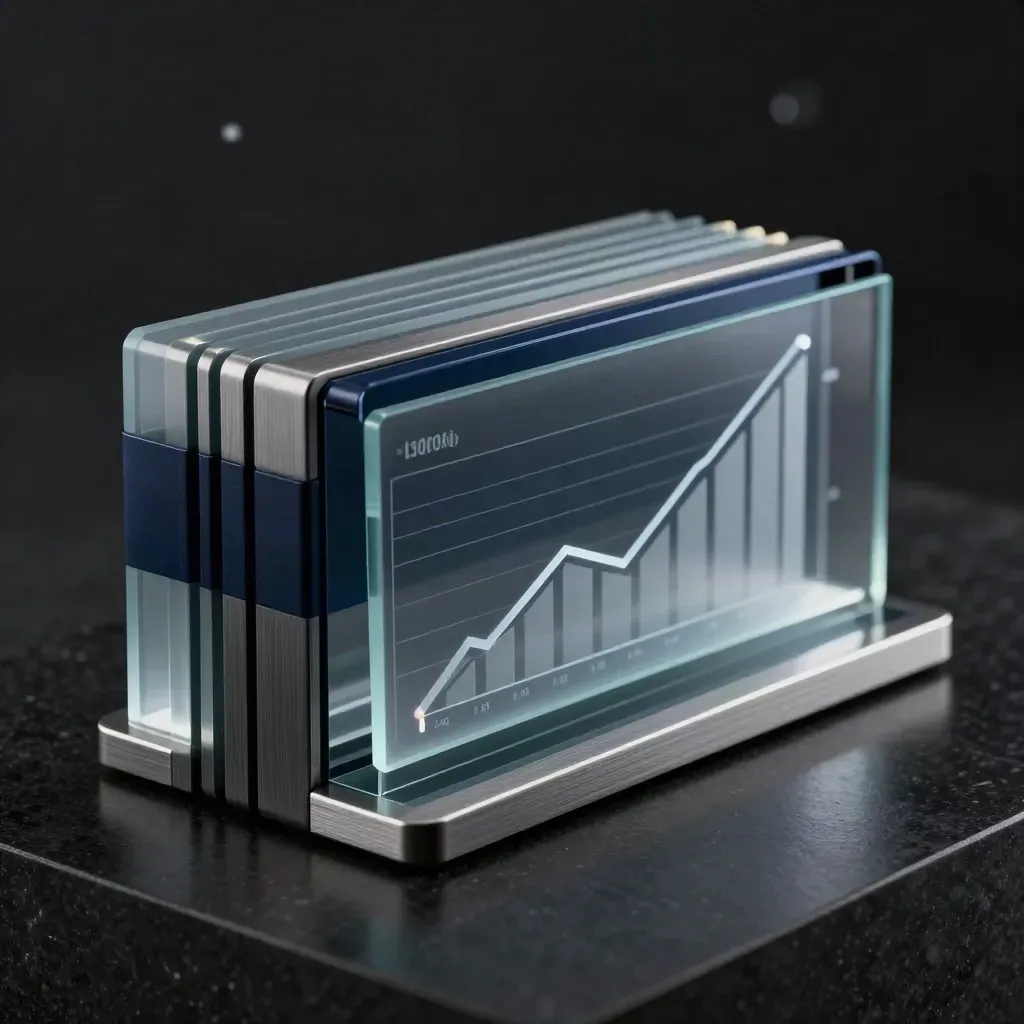 Sculptural analytics console with translucent panes on matte black stone, lit dramatically in dark haze.