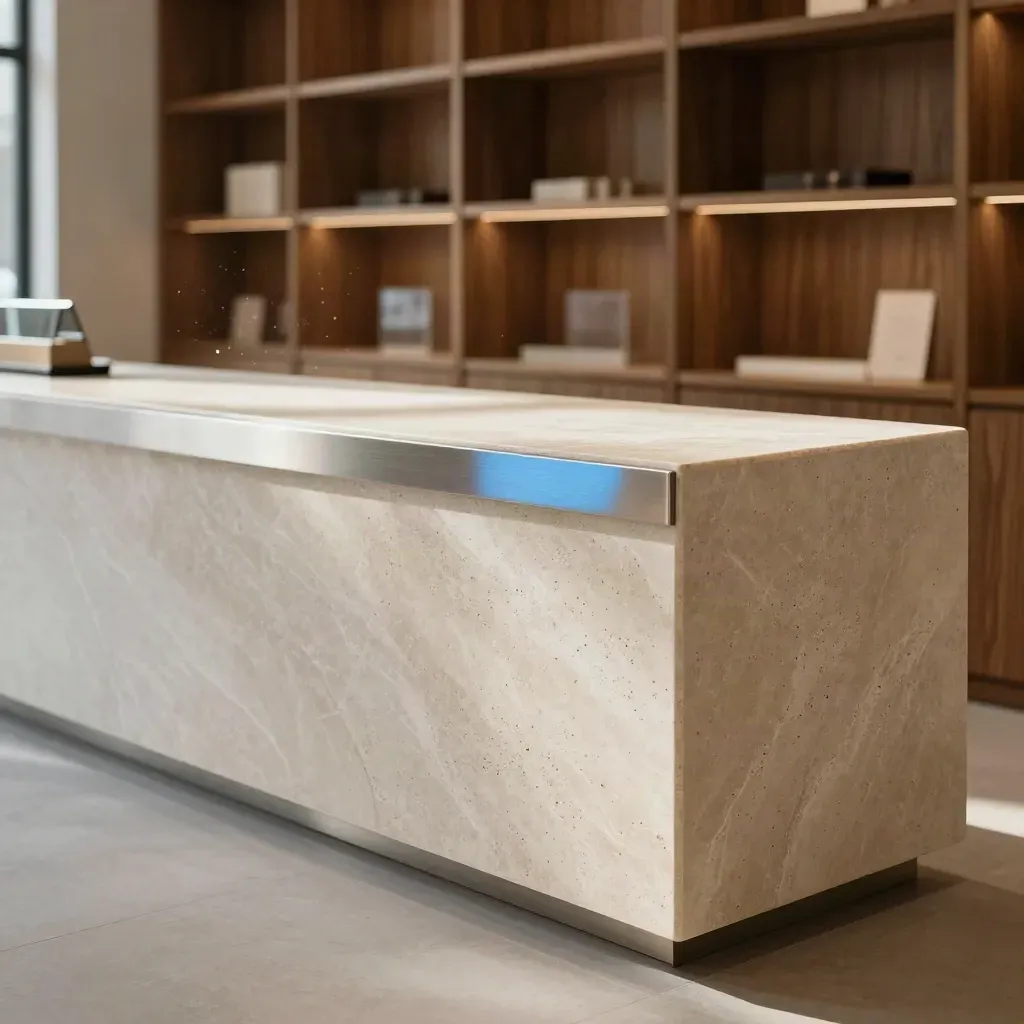 Limestone retail counter with blurred oak shelving and brushed metal in soft morning light.